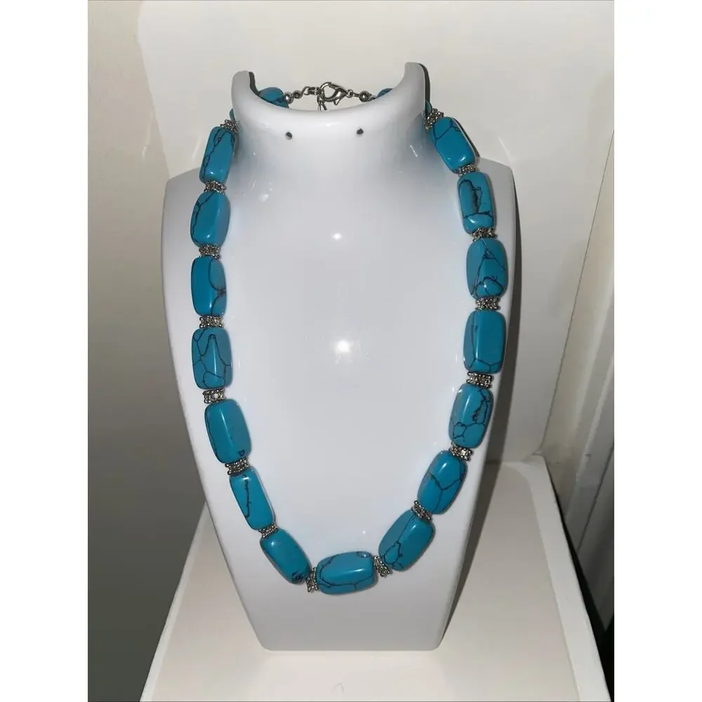 Howlite Turquoise Blue Bead Silver Tone 15” Necklace & 7” Stretch Bracelet Set